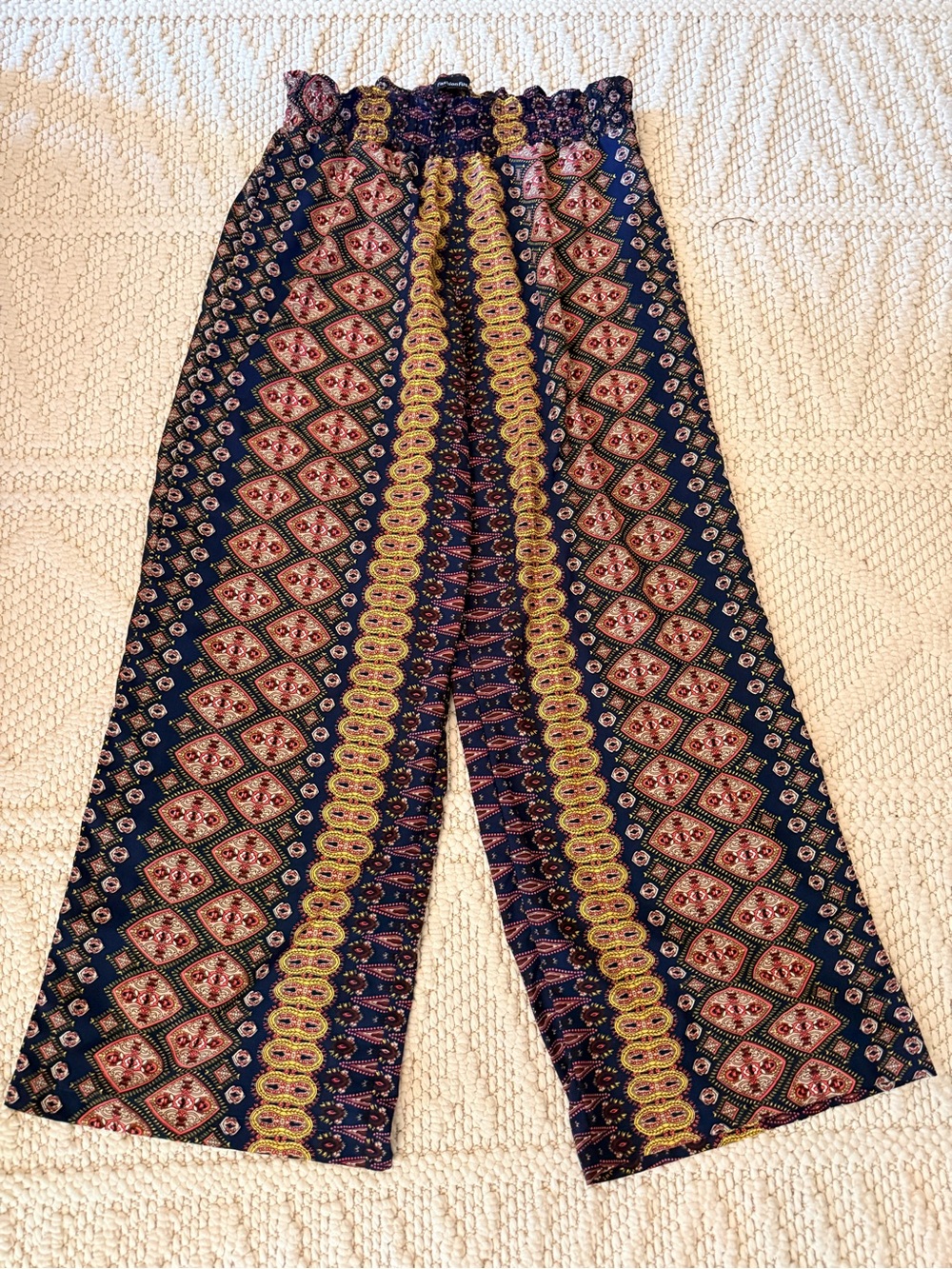 Boho Wide-Leg Printed Pants - Navy, Yellow, pink